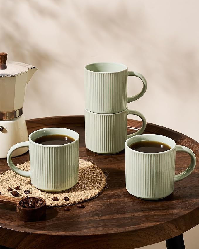 famiware Coffee Mug Set for 4, Star 12 oz Catering Mugs Cup Set with Handle for Coffee, Tea, Cocoa, Milk- Ceramic Stoneware Drinkware Set, Light Green
