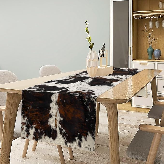 Cow Animal Skin Print Table Runner,Cotton Linen Rustic Cottage Country Farm Animal Fur Skin Pattern Western Style Black Brown Cowhide Print Dinner Runner for Home Kitchen Dining Table Decor 13"x90"