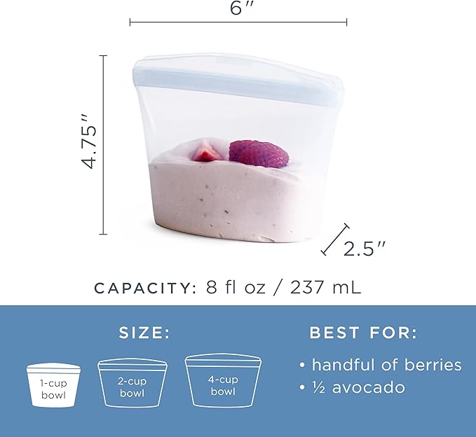 Stasher Silicone Reusable Storage Bag, 1-Cup Bowl, Reusable Freezer Bag, Microwave, Dishwasher, Oven Safe, Sous Vide, Premium Lunch Container, Eco Friendly, Food Storage Bag, Snack Bag, 8 oz, Clear | Reusable Food Bag