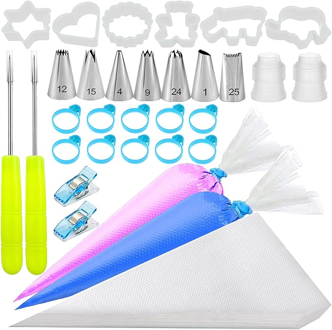 129Pcs Piping Bags and Tips Set - 100 12Inch Disposable Tipless Piping Bags for Royal Icing - Cake Decorating Baking Tools with 7 Frosting Tips, 10 Bag Ties, 2 Scriber Needle,6 Cookie Cutters