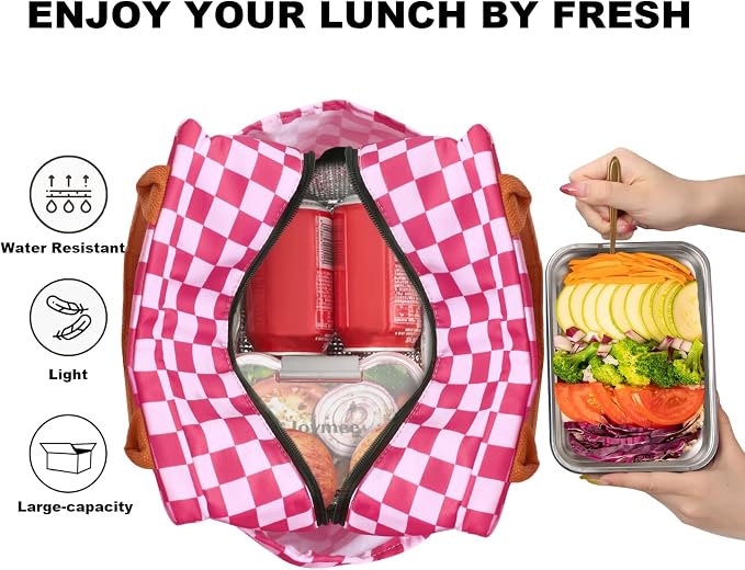 Joymee Lunch Bag Women, Reusable Leakproof Cooler Tote - Checker Pink | Spacious Storage, Bottle Holder & Pockets, Leakproof Insulated, for Work, Travel, Picnic, Daily Use, for Adult