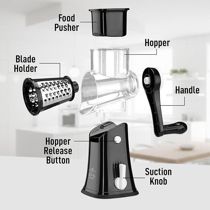 Zulay Kitchen Rotary Cheese Grater 5 Blade Cheese Shredder - Manual Hand Crank Cheese Grater With Reinforced Suction & 5 Interchangeable Drums - Easy to Use, Vegetable Chopper Round Mandoline Slicer