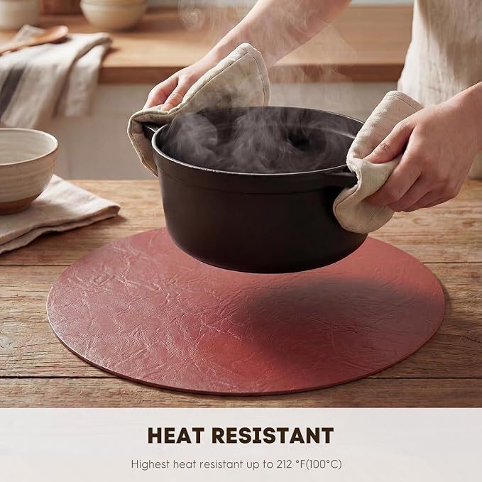 Artoid Mode Red Faux Leather Placemats Set of 6, 15 Inch Waterproof Wipeable Heat Resistant Vinyl Place Mats, Reversible Table Mats for Christmas Kitchen Dining Decor