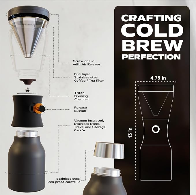 asobu Cold Brew Coffee Maker, Award-Winning 40oz Insulated Cold Brew Brewer with Portable Stainless Steel Carafe – No.1 Europe Coffee Fest Winner, Leakproof, BPA-Free, Keeps Cold 24H