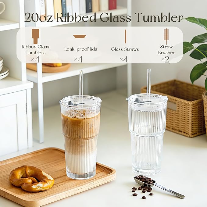 KEMORELA 4-Pack 20 oz Ribbed Glass Tumblers with Lids and Glass Straws – Vintage Iced Coffee Cups, Reusable Smoothie & Cocktail Drinking Glasses, Clear Glassware for Home or Cafe