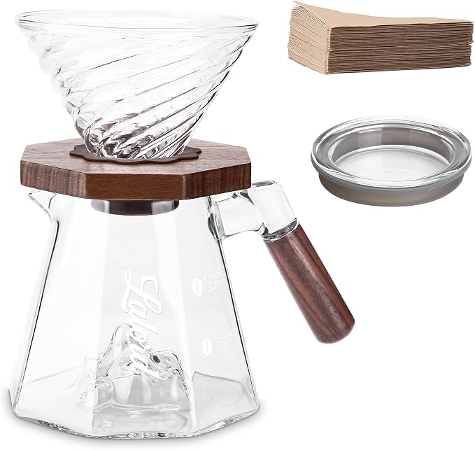 Lalord Pour Over Coffee Maker, 20 oz Borosilicate Glass Set with 100 pcs Paper Filter, Walnut Collar & Glass Lid, Drip Coffee Maker, 1-3 Cups, Clear (B-600 ml Set)