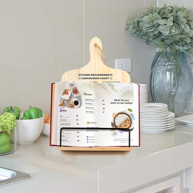 comfoyar Cookbook Stand for Kitchen Counter, Sturdy Recipe Book Holder with Adjustable Angle, Foldable Wood Cook Book Stand Holder with Measurement Conversion Chart for Baking, Easy Storage
