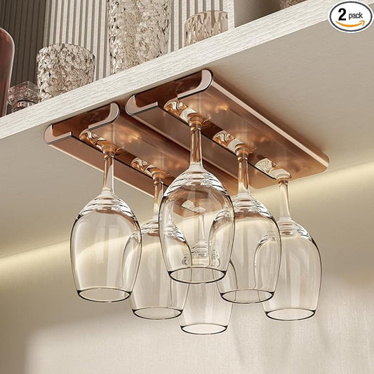 2Pack Wine Glass Holder - Under Cabinet, No Drilling Installation, Stemware Rack for Kitchen and Bar (Amber)