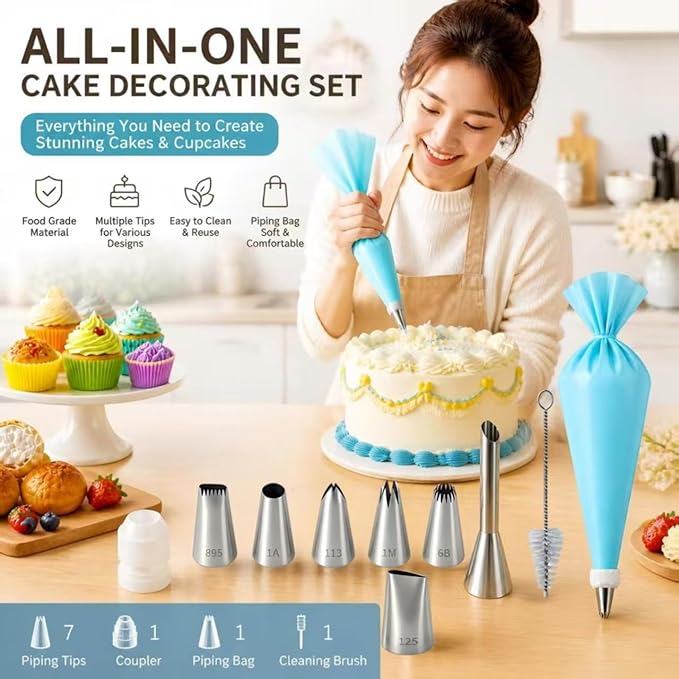 10 Pcs Reusable Silicone Piping Bags and Tips Set, Stainless Steel Icing Nozzles with Coupler & Cleaner Brush, Dishwasher Safe Cake Cupcake Cookie Decorating Kit, Home Bakers & Chefs