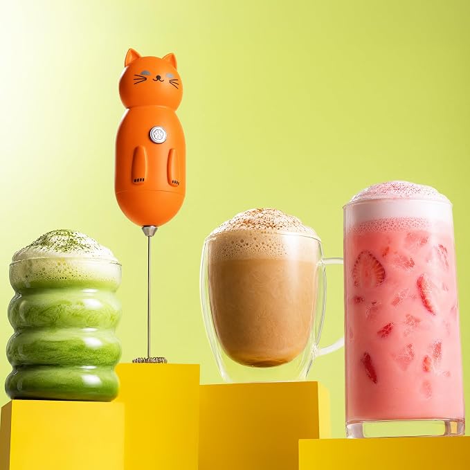 Zulay Kitchen Cat Milk Frother Wand – Cutesy Frother, Meet Your New Frothing Buddy Tiger The Cat, Adoption Papers and Stickers Included, Purrr-fect for Lattes, Cappuccino & Matcha – Orange