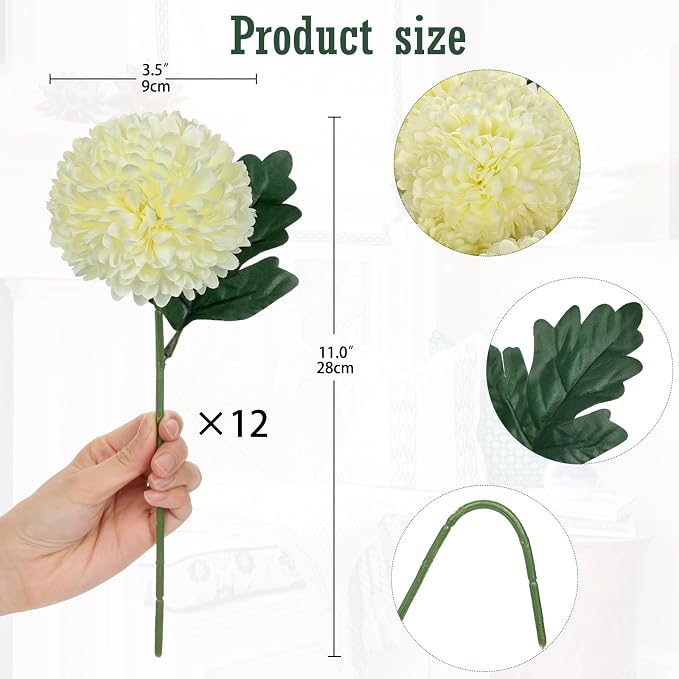 Briful 12 Pcs Artificial Cream White Chrysanthemum Stems – 11” Tall Silk Mums Flower Heads with Green Leaves, Flexible Stems for Fall Floral Pick Arrangements, Home, Wedding & Seasonal Decorations