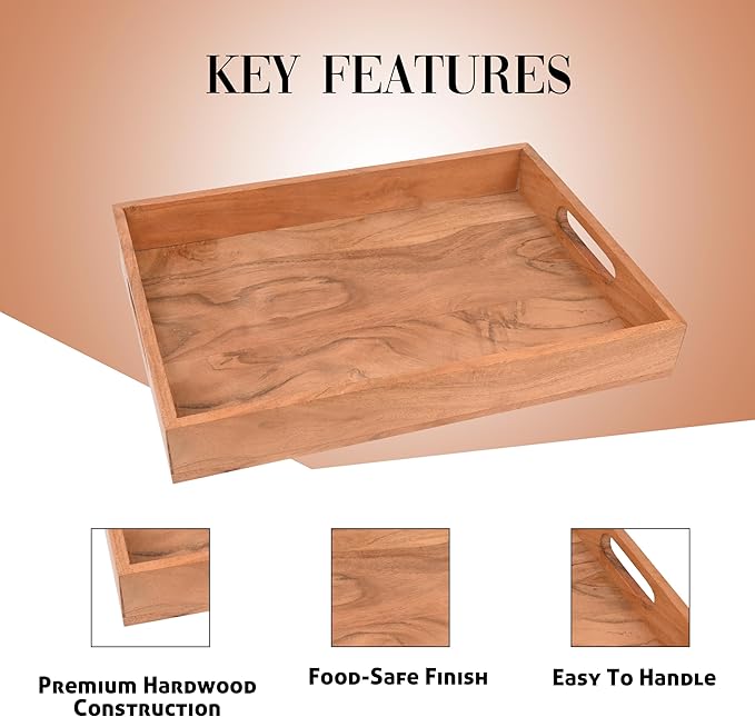 Premium Acacia Wooden Serving Tray with Handles – Large Decorative Food Serving Platter for Breakfast, Lunch, Dinner, Appetizers, Coffee Table & Home Décor | 14’’ x 10’’ x 2’’