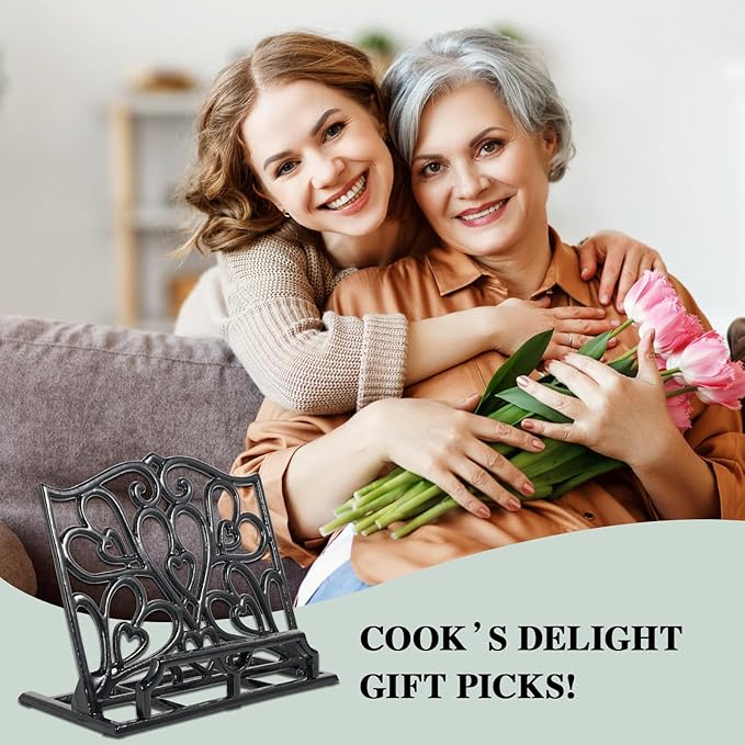 JOGREFUL Cookbook Stand, Cast Iron Heavy-Duty Recipe Book Holder, Kitchen Vintage Recipe Book Holder, Reading Rest Holder for Easel/Counter/Books/Magazine/iPad/Bible, Love Heart Pattern, Black