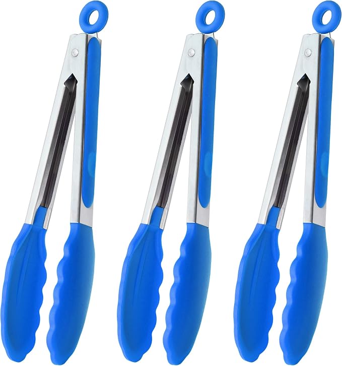 HINMAY 9-Inch Cooking Tongs with Silicone Tips, Set of 3 (Blue)