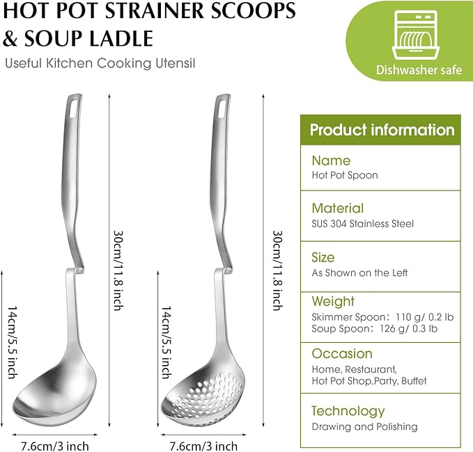Patelai Hot Pot Slotted Ladle Set Stainless Steel Soup Ladle Strainer Scoops Cooking Skimmer Cookware Utensil for Hotpot Scooping Sauce Serving, 12 Inch(8 Pcs,Silver)