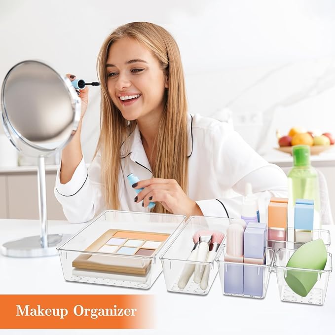 SpaceHacks 25 PCS Plastic Drawer Organizer Set, 4-Size Versatile Organizer Trays & Storage Bins for Makeup, Jewelry, and Gadgets in Bathroom, Bedroom and Office,Clear White