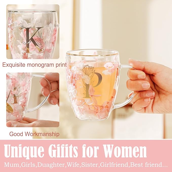 Personalized Gifts for Women Flower Glass Coffee Mug Initial Tea cup Monogrammed Customized Bridesmaid Bride Wedding Gifts Graduation Gifts Valentine Mother's Day Birthday Christmas Gift (P)