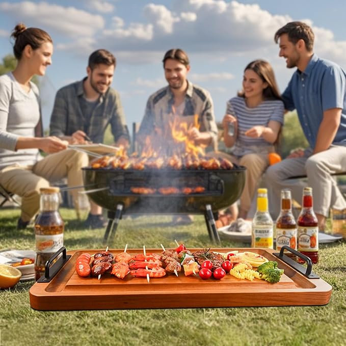 Large Wooden Charcuterie Boards with Handles, Extra Long Wood Serving Tray Platters,Rectangular BBQ Meat Cutting Cheese Board for Party Appetizers,Home & Outdoor 23.6x11.8x1.1”