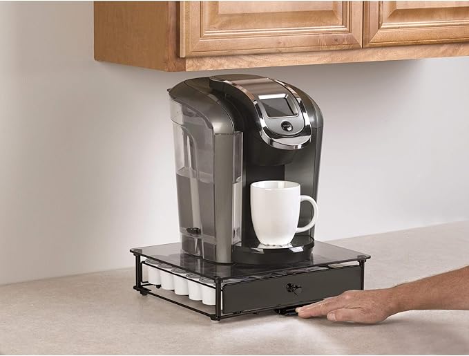 Nifty Rolling Coffee Pod Drawer – Tempered Glass, Black, Compatible with K-Cups, 36 Pod Pack Holder, Compact Under Coffee Pot Storage Drawer, Slim Home Kitchen Counter Organizer