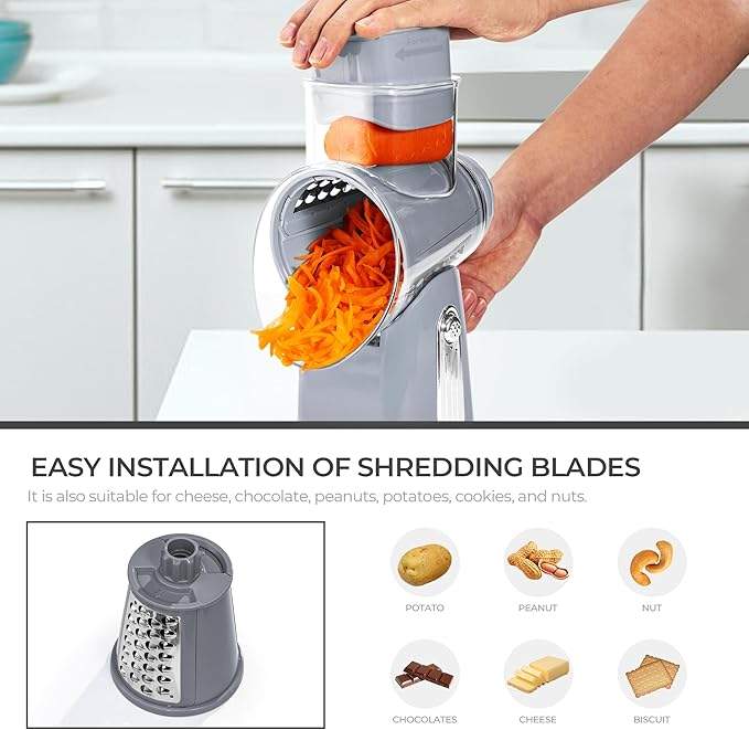 SUSTEAS Rotary Cheese Grater with Handle - Vegetable Shredder with 5 Well-designed Blades & Strong Suction Base,Round Mandoline Slicer & Food Chopper for Kitchen,with Blade Storage Box(Gray)
