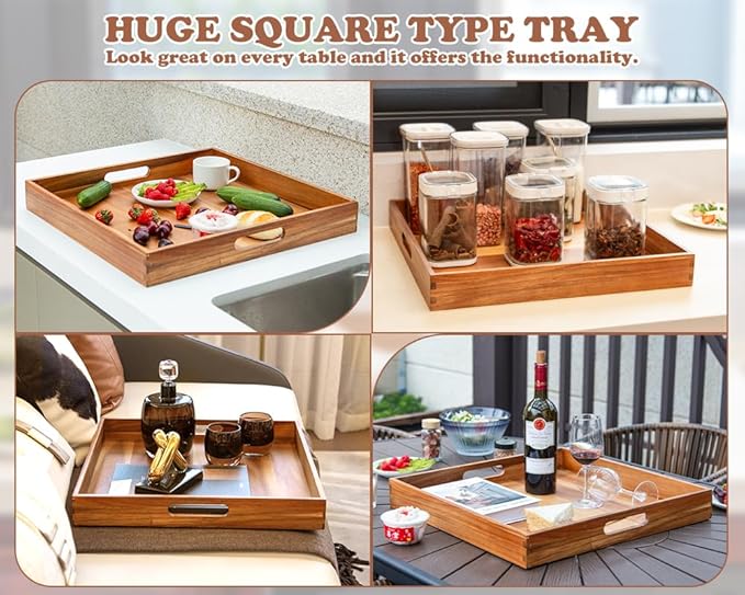 Large Ottoman Tray for Living Room, 20" Extra Large Wooden Tray for Ottoman Square Big Acacia Serving Trays with Handles for Coffee Table, Breakfast, Appetizers, Dinner