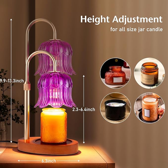 Warlisou Adjustable Candle Warmer Lamp with Timer - Purple Lampshade + Walnut Wooden Base