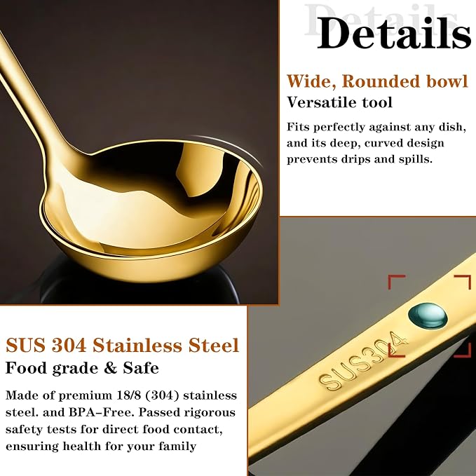 3 Pieces Gold Soup Ladle, 11.6" Metal Ladle Stainless Steel, Large Soup Spoon With Handle for Serving, Stirring, Cooking Spoon for Kitchen