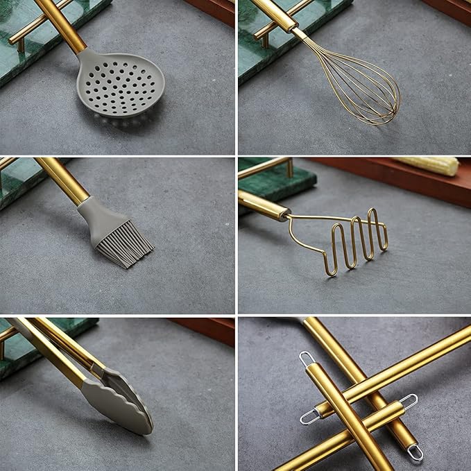38 Piece Silicone kitchen Cooking Utensils Set with Utensil Rack, Silicone Head and Stainless Steel Handle Cookware, Kitchen Tools for Utensil Sets, Non-Stick kitchen Gadgets, Dishwasher Safe (Gold)