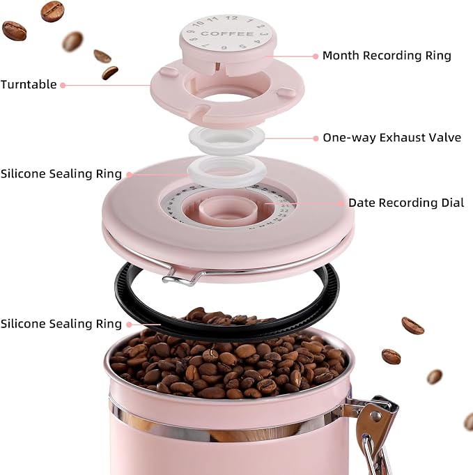 Bincoo Pink Coffee Canister, Large Stainless Steel Coffee Bean Storage Container with Date Tracker (800ML)