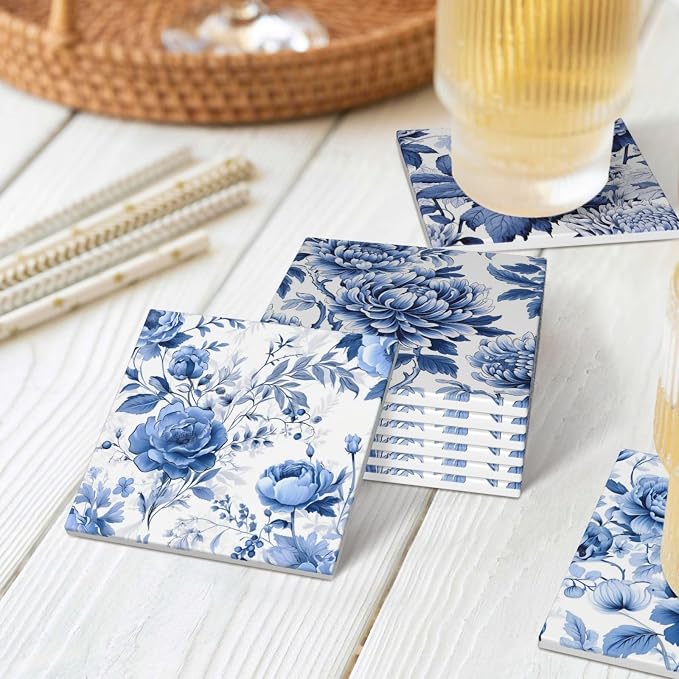 Coaster for Drinks Set of 6, Blue Vintage Spanish Ceramic Floral Absorbent Round Ceramic Stone Mat, with Cork Base and Metal Holder, Gift for Housewarming Room Bar Decor (Vintage Blue Floral-7)