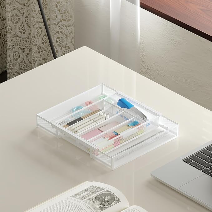 Sedegn Silverware Organizer Metal Mesh, Drawer Organizer, Utensil Cutlery Tray for kitchen drawers,Expandable Flatware Organizer with 7 Compartment White 9.6"~16.1" x 13.8"