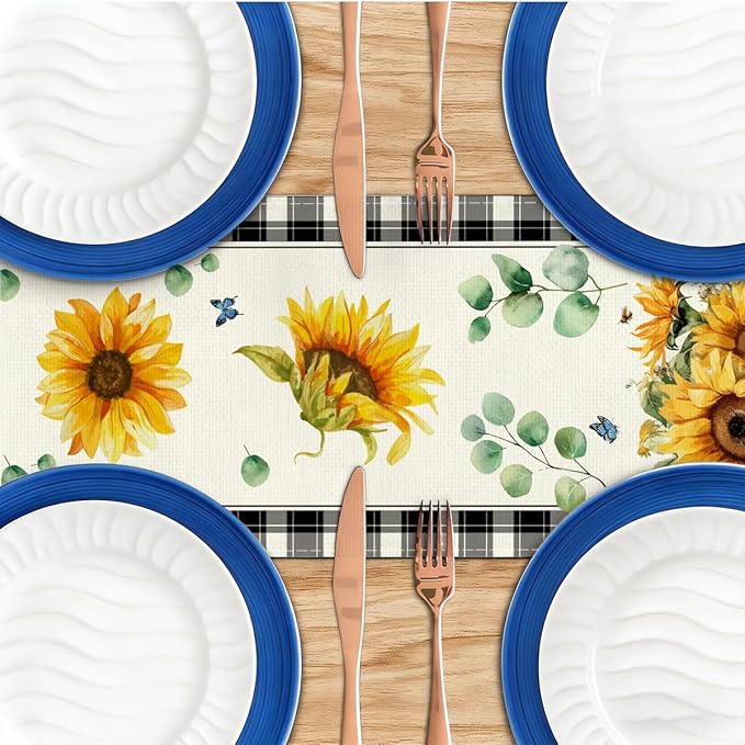 Sunflower Table Runner, Buffalo Floral Table Runners 13x72 inches, Sunflower Living Room Kitchen Dining Decor for Seasons Spring Summer Fall Farmhouse Home Party Indoor Outdoor Decor