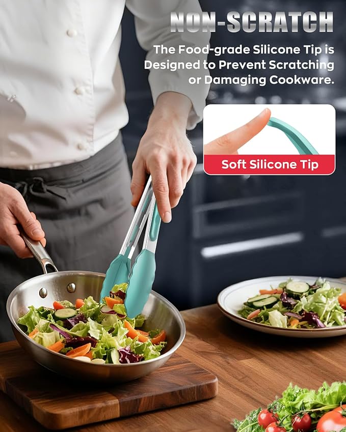 600ºF Heat Resistant Kitchen Tongs, Premium Locking Cooking Tongs with Silicone Tips, Non-Slip Food Tongs for Cooking, Non-Stick, Heavy Duty Stainless Steel Handle, Set of 3-7" 9" and 12" Aqua Sky