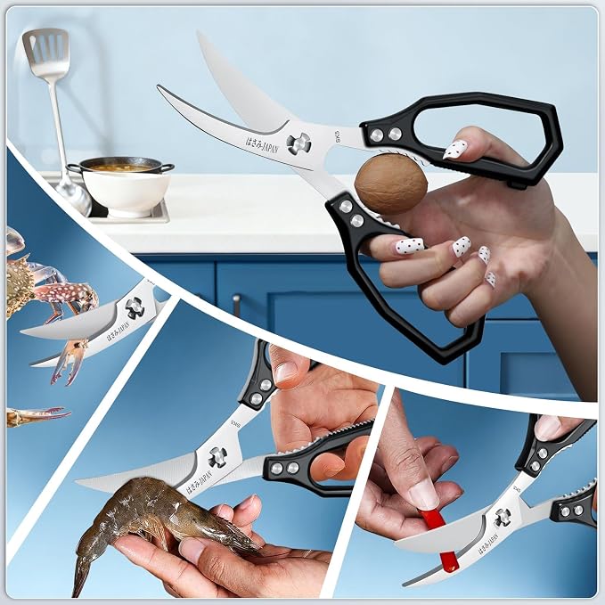 HUUSK Black Kitchen Scissors Set - Heavy Duty Kitchen Shears for Poultry & Sharp Seafood Scissors for Crab, Shrimp, Lobster, Nuts - Christmas Gift for Men and Women