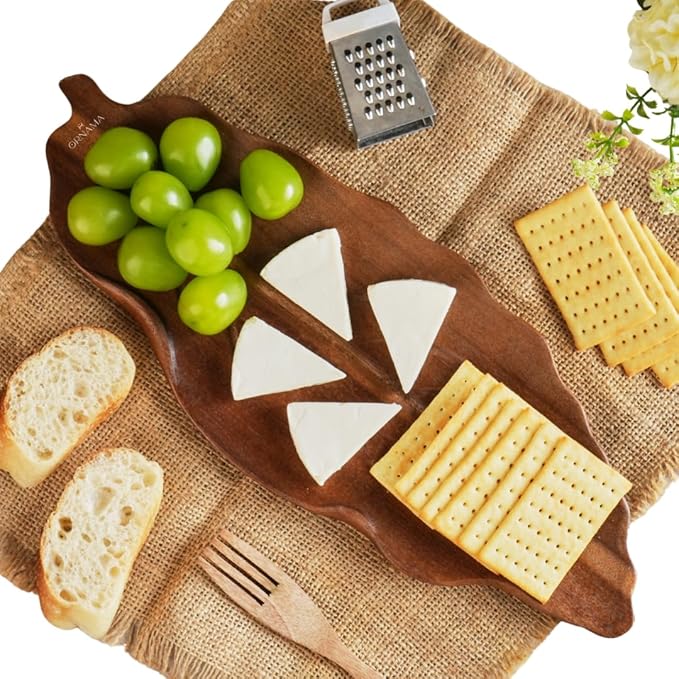 Wooden Serving Tray - Decorative Charcuterie Board with Leaf Design, Premium Acacia Wood Cheese & Fruit Platter, Kitchen Table Centerpiece & Rustic Home Decor