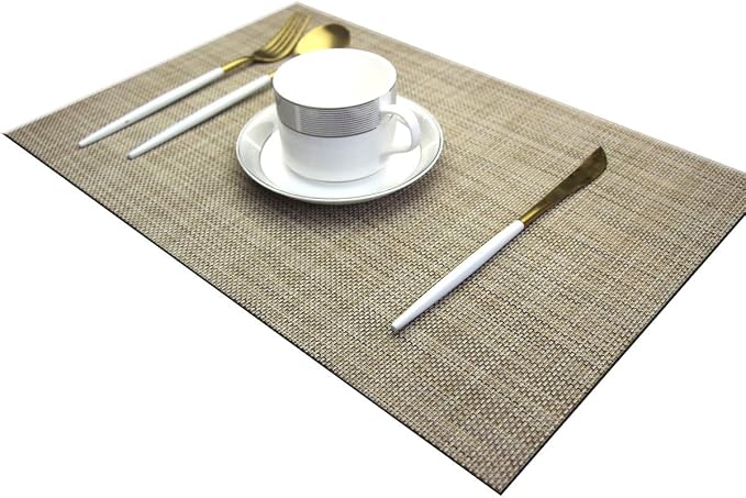 Dinner Mats Easy to Clean for Dining Table Woven Vinyl Placemats Heat Resistant 12x18 inche Table Mats Set of 6（Khaki）