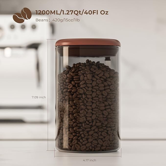 Amber Glass Coffee Canister 2-Pack with Pop Lid & 1-Way Valve - Airtight Container with UV Protection to Lock in Freshness - Storage for Coffee Beans, Ground Coffee & Dry Food, 15OZ