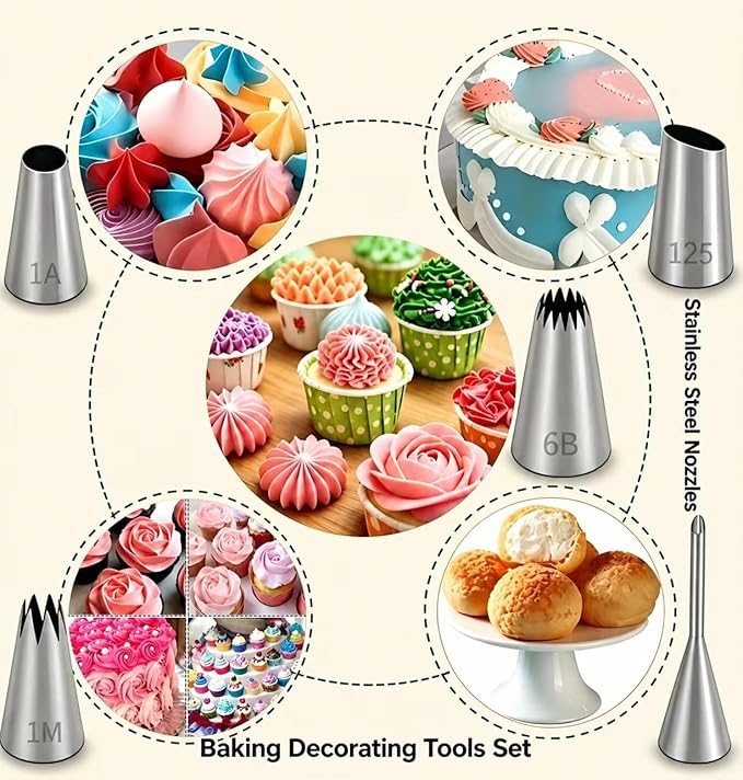 10 Pcs Reusable Silicone Piping Bags and Tips Set, Stainless Steel Icing Nozzles with Coupler & Cleaner Brush, Dishwasher Safe Cake Cupcake Cookie Decorating Kit, Home Bakers & Chefs
