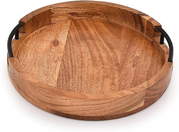 NIRMAN Acacia Wood Tray Round Rustic Farmhouse Wooden Platter for Coffee Table, Ottoman, Drinks, Breakfast with 2 Black Iron Handles (12" X 12" X 1.6")