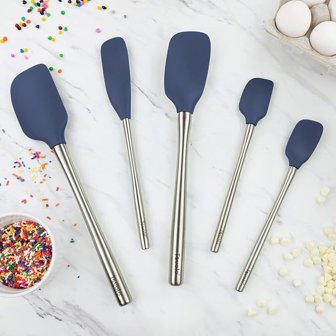 Tovolo Stainless Steel Handled Silicone Spatula Set of 5 Deep Indigo, Dishwasher Safe Kitchen Spatula Set for Cooking Baking, Non Toxic BPA Free Silicone Spatula set with Metal Steel Handle