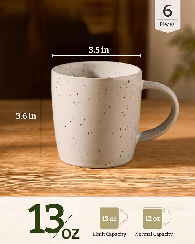 famiware Coffee Mugs Set of 6, Meteor 13 oz Ceramic Mug Cup Set with Handle for Coffee, Tea, Cappuccino, Latte, Milk, Creamy White