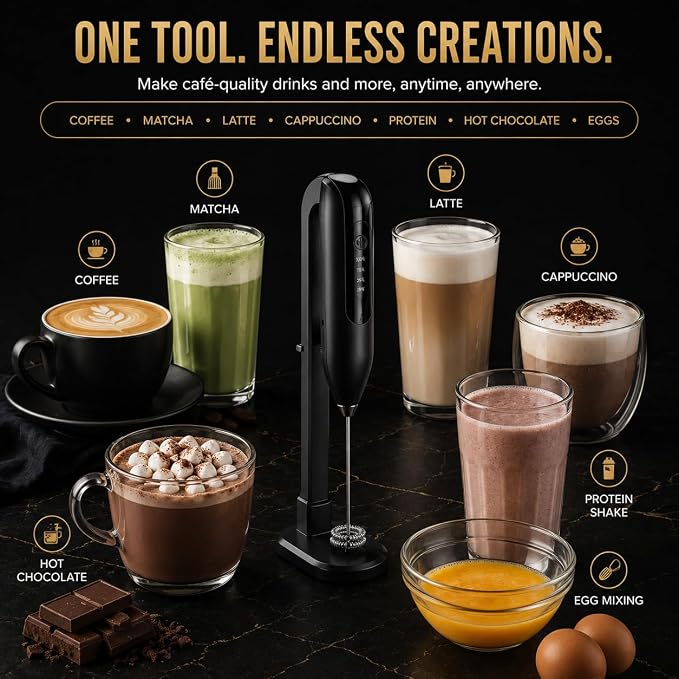GOCHA Rechargeable Milk Frother, USB-C Electric Milk Foamer Handheld, Double Spring Whisk, 2-Speed Foam Maker for Coffee, Latte, Cappuccino, Matcha, Hot Chocolate, Stand Included (Black)