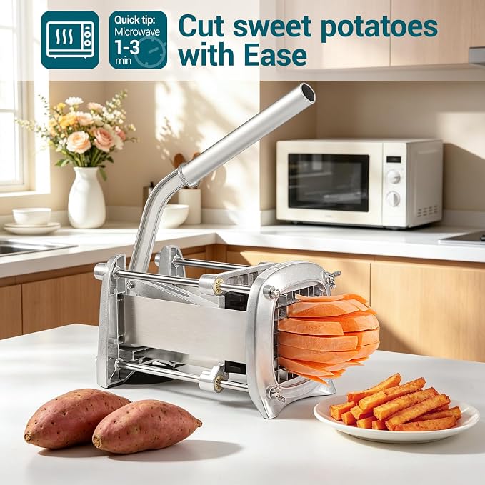 Sopito Professional Stainless Steel French Fry Cutter, 3 Blades (1/2", 3/8", 1/4") & Slicing Blades for Potatoes, Carrots, Apples, Commercial & Home Use