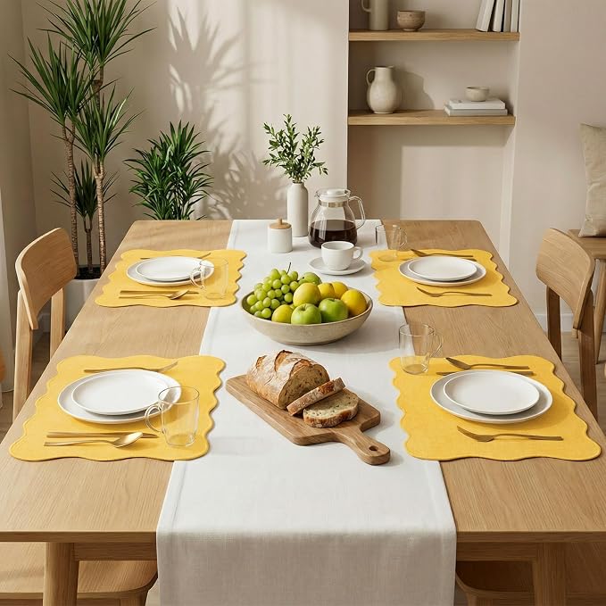 AHHFSMEI Faux Linen Placemats Set of 8 Heat Resistant Non-Slip Stain Proof Table Mats for Kitchen Dining Elegant Decor Place Mats (Yellow 8)