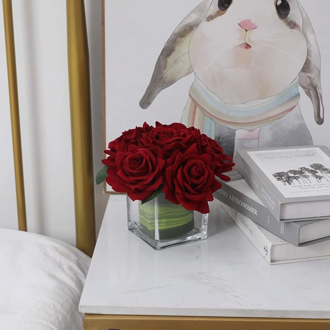 Fule Artificial Velvet Rose Flower Centerpiece Arrangement in vase for Home Wedding Decoration (Burgundy)