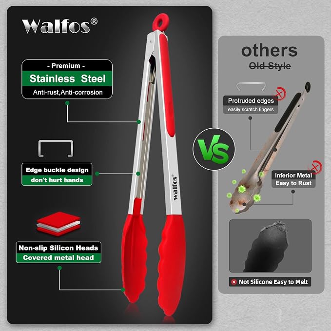 Walfos Silicone Tongs for Cooking - Heat Resistant kitchen tongs for Salad,Cooking, Grilling,Stainless Steel and BPA Free Silicone Tips set of 3 (7" 9" and 12 inch) (Pack of 2)