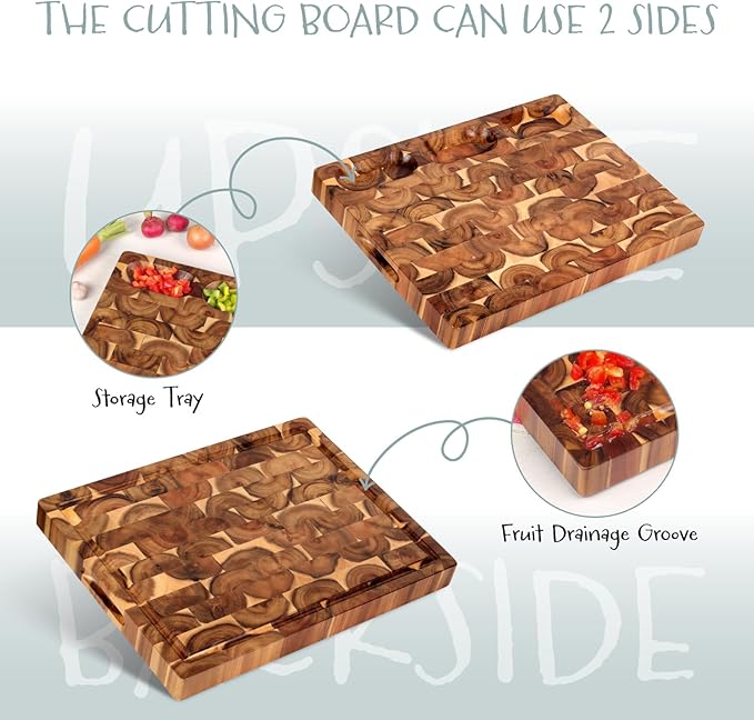 XL Acacia End Grain Wood Cutting Board (20x15x1.5in) Acacia Wooden Cutting Board, Butcher Block, Chopping Board - Reversible Multipurpose For Kitchen with Juice Groove, Cracker Holder & Inner Handles.