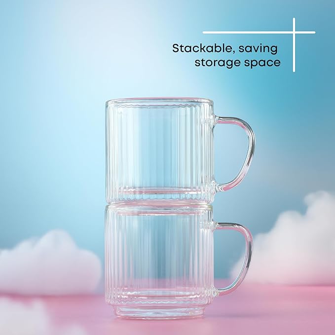 JoyJolt Haven Stackable Fluted Glass Mugs Set of 2, 5.5oz Ribbed Double Wall Glass Coffee Mugs, Stacking Insulated Coffee Cup Set also for Espresso Shot Tea Latte Macchiato Cappuccino