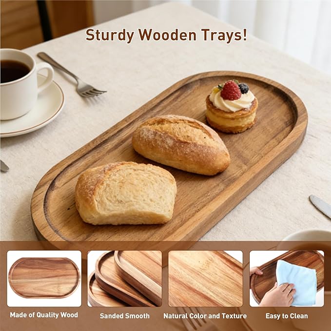 Acacia Wood Tray Set of 12, Oval Wood Serving Board Bulk, Small Charcuterie Boards, Wooden Serving Platters for Cheese Bread Fruit Dessert Tea, Kitchen Dining Catering Trays (10 x 5 x 0.59 Inch)