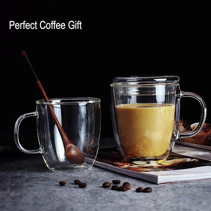Glass Coffee Mug Double-walled Borosilicate Glass Cup for Hot or Iced Coffee, Milk, Tea (16 Oz Bamboo Lid)